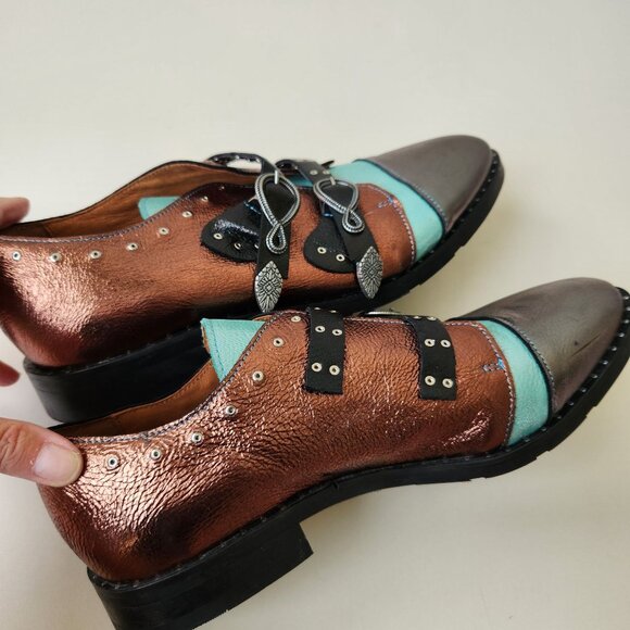 Girotti Metallic Leather Oxford Shoes Buckles Steampunk Luxury Handmade Unique 4 - Picture 4 of 16